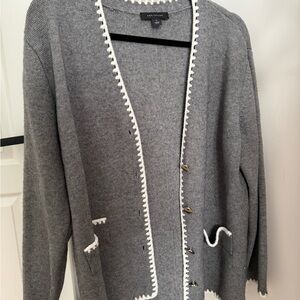 Ann Taylor Gray Cardigan Sweater with White Trim Womens L Petite